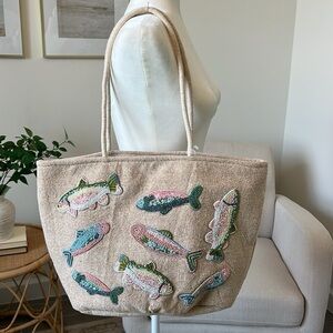 NWT Viral Tik Tok Beaded Pastel Fish Canvas Summer Beach Tote Bag Handcrafted